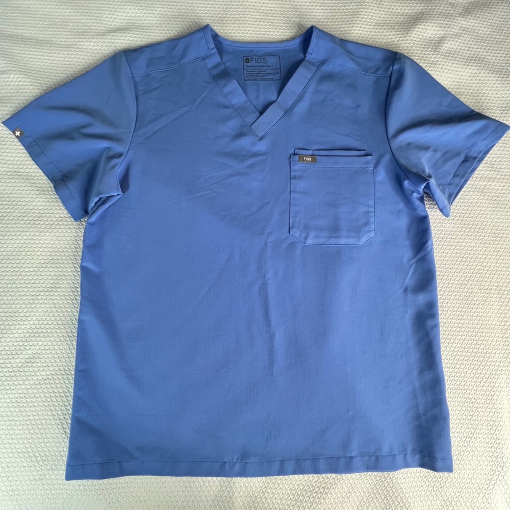 Figs Technical Collection Leon Blue Scrub Top Short Sleeve V Neck‎ Pocket Large